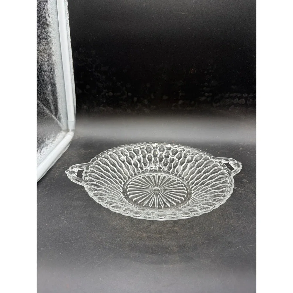 Vintage Clear Pressed Glass Honeycomb Bowl Scalloped Edge Double Handle 11 inch